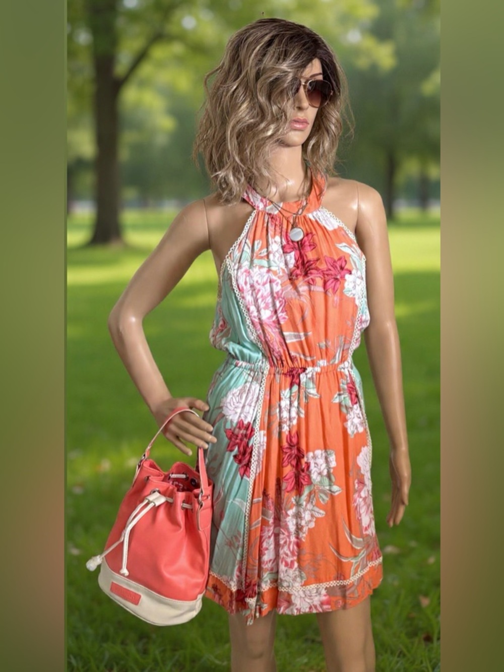 MinkPink Backyard Bliss Collection Floral Halter Summer Dress Coral & Mint L